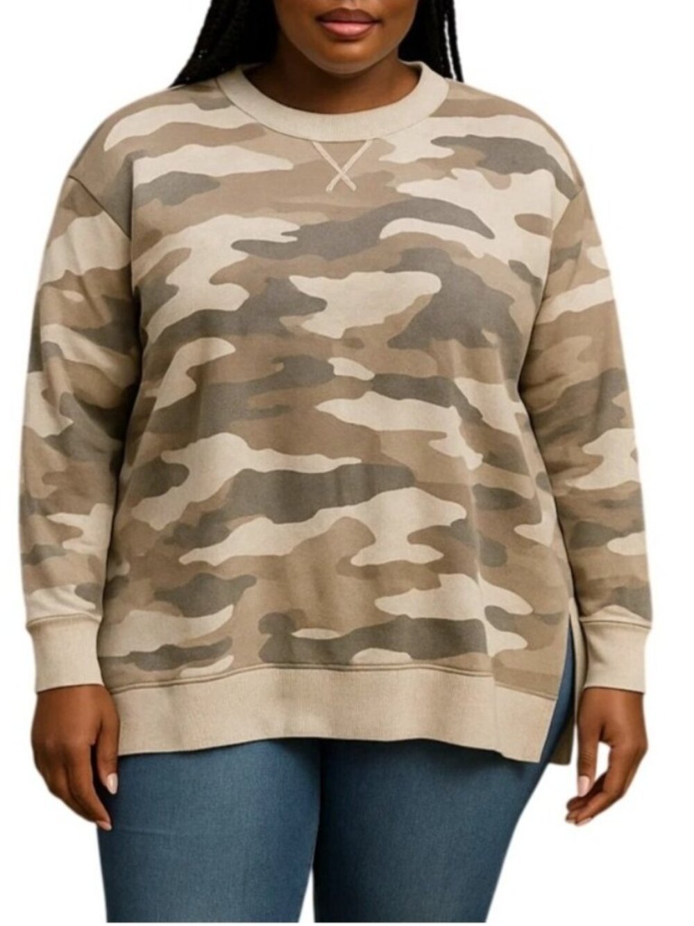 H&M Size Large Sweatshirt Womens Camo Print Top Crewneck Relaxed Fit Side Slits